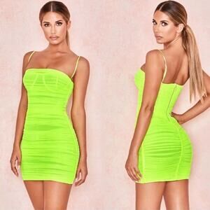 House of CB Ella Neon Green Ruched Organza Mesh Mini Dress Size XS